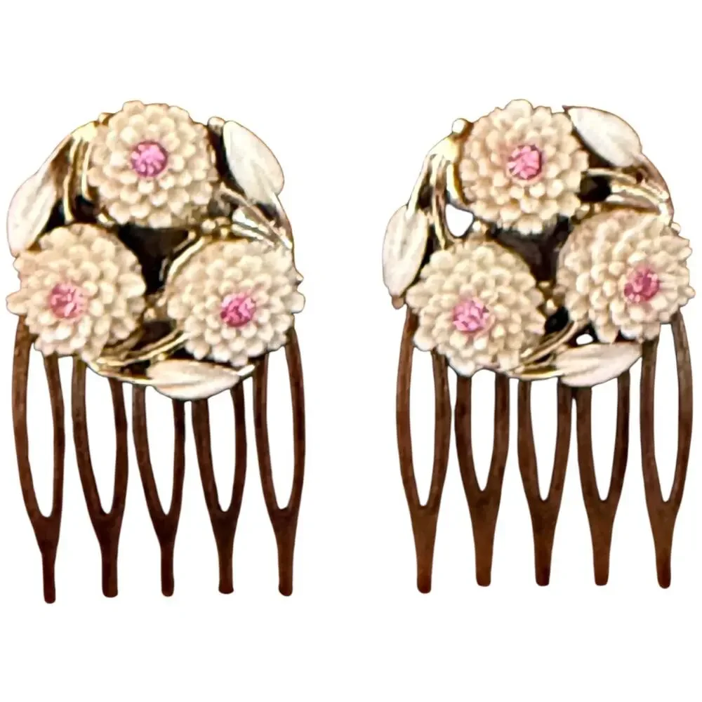 Vintage Floral Hair Combs White Blossom Pink Rhinestone Bridal Romantic Set - Picture 1 of 3